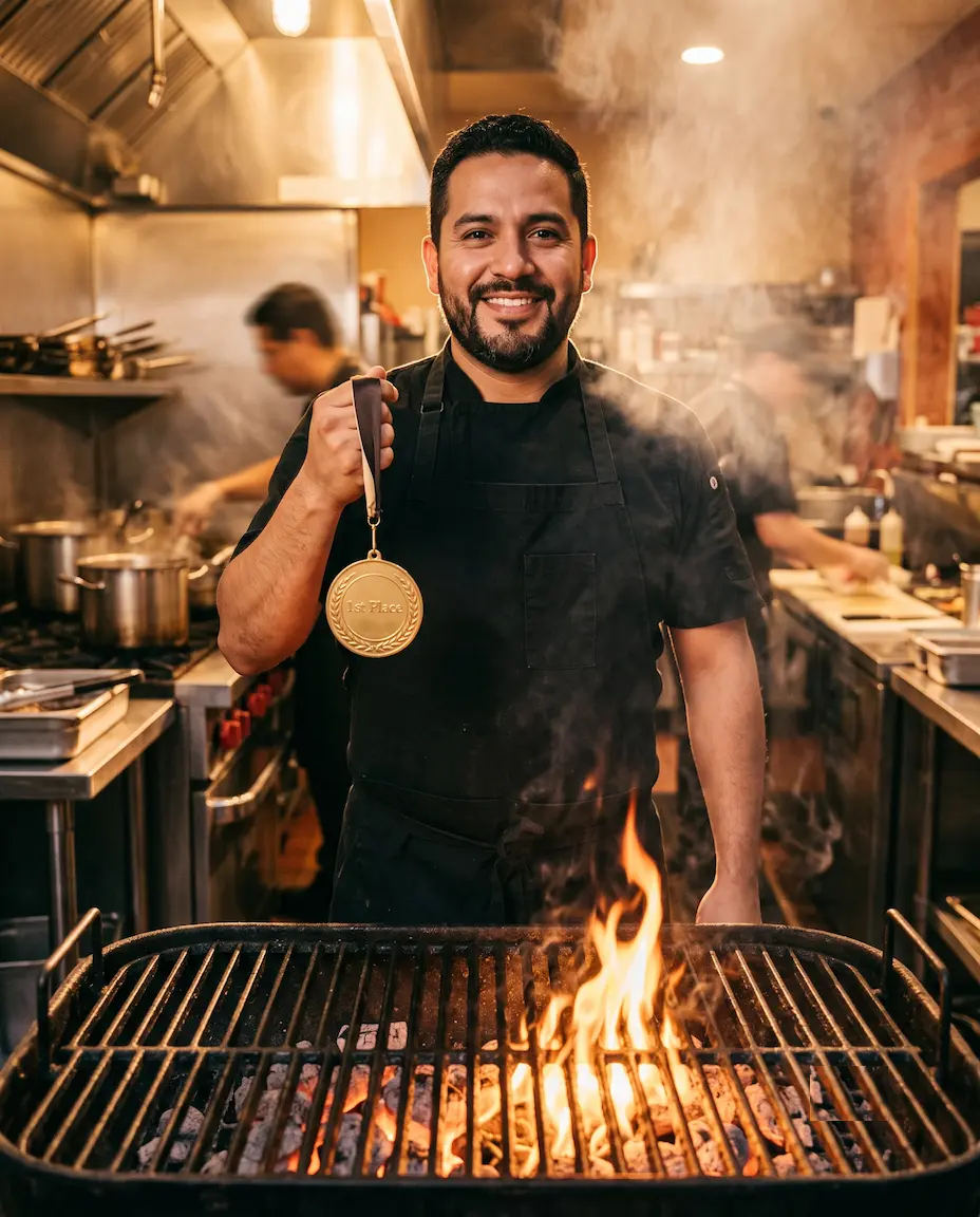 Chef campeón con trofeo